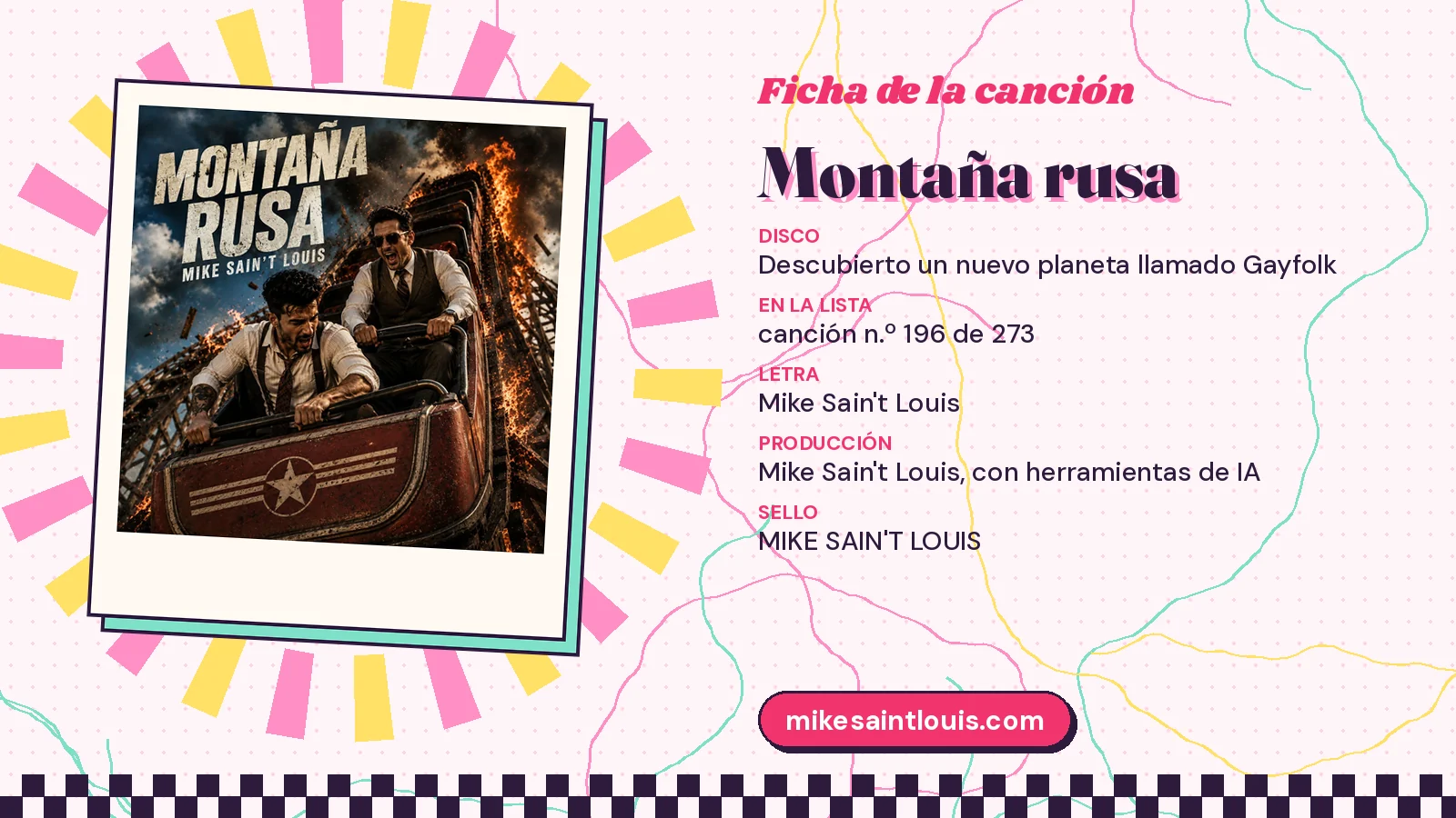 Ficha de la canción «Montaña rusa» de Mike Sain't Louis con su carátula: disco «Descubierto un nuevo planeta llamado Gayfolk», canción n.º 196 de 273