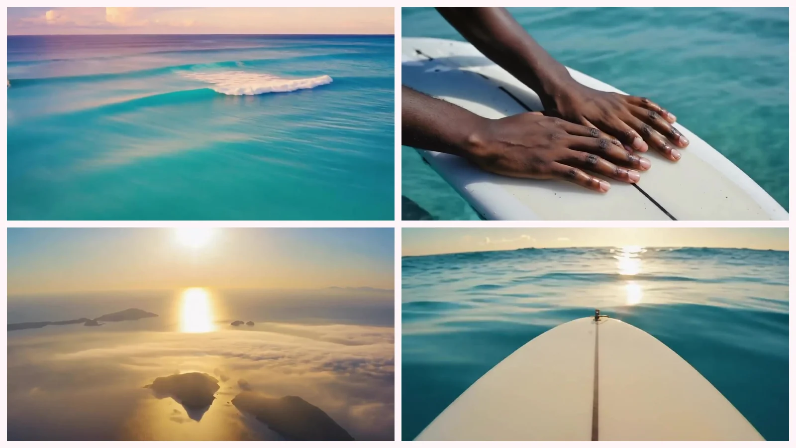 Mosaico de cuatro fotogramas de «Drift Away»: una ola pequeña rompiendo en un mar turquesa, unas manos apoyadas sobre una tabla de surf blanca, un sol sobre nubes doradas con islas y la punta de una tabla apuntando al sol