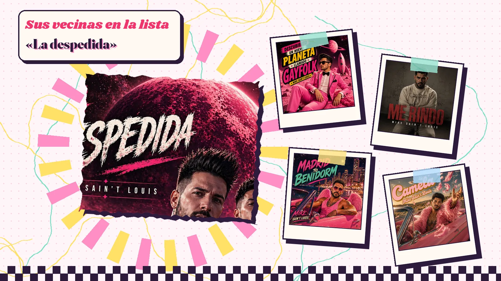 Collage con un detalle de la carátula de «La despedida» y las carátulas de «Descubierto un nuevo planeta llamado GAYFOLK», «Me rindo», «Madrid to Benidorm», «Camela»
