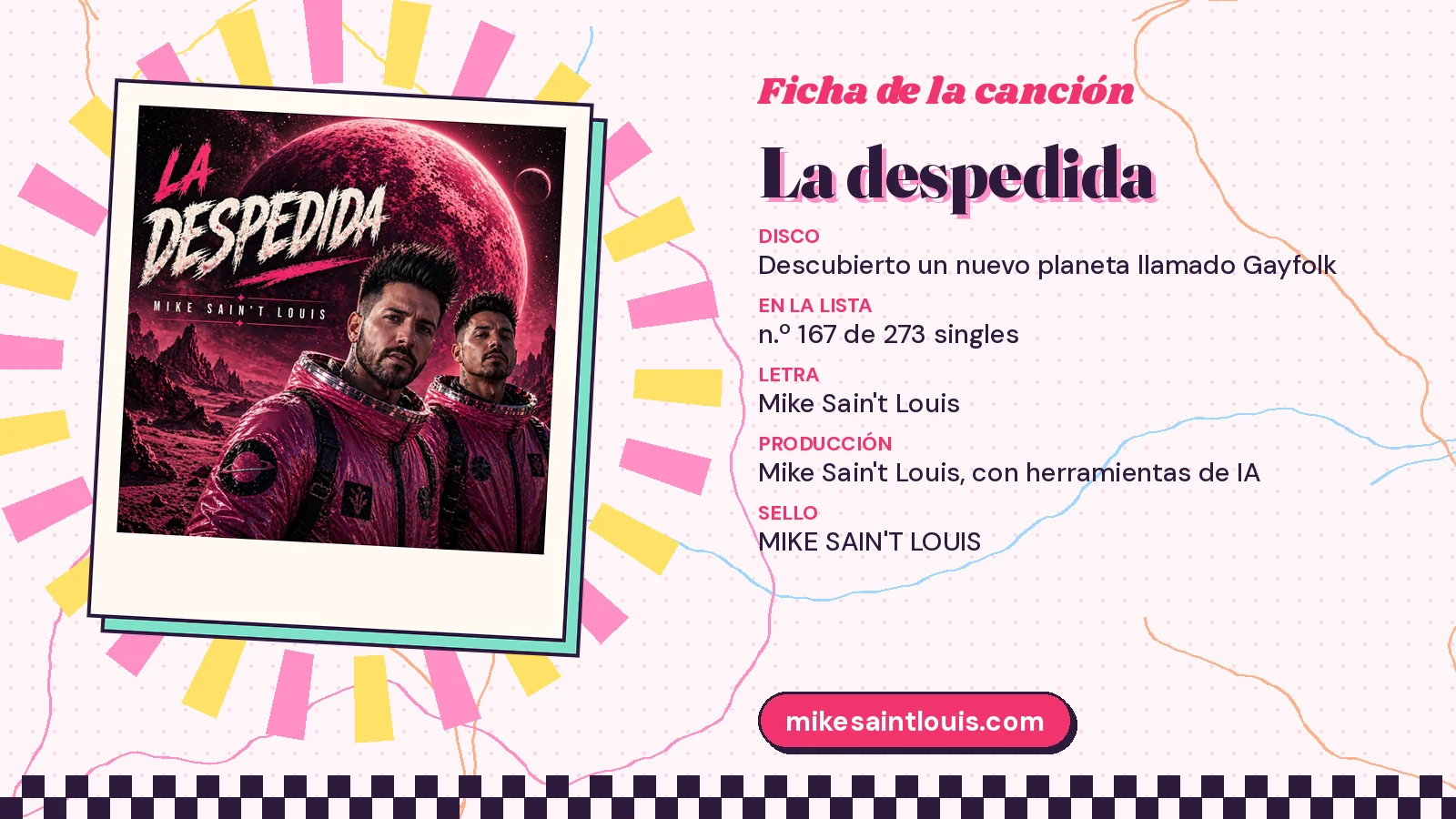 Ficha de la canción «La despedida» con su carátula: disco «Descubierto un nuevo planeta llamado Gayfolk», letra y producción de Mike Sain't Louis
