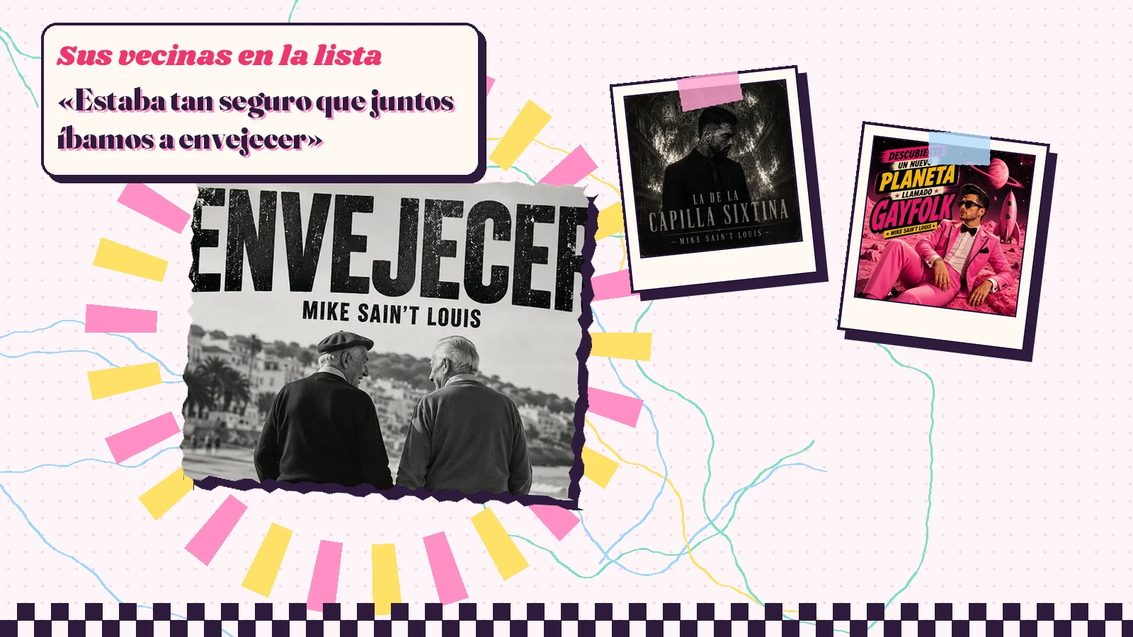 Collage with a detail of the «Envejecer» cover art and the covers of «La de la Capilla Sixtina» and «Descubierto un nuevo planeta llamado GAYFOLK»
