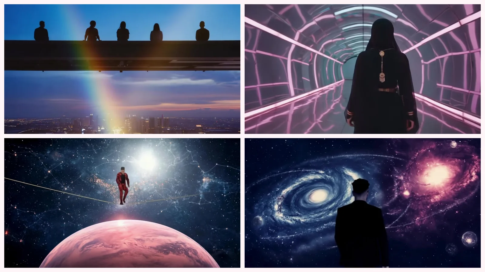 Mosaico de cuatro fotogramas de mis videoclips: cinco siluetas sobre una ciudad cruzada por un arcoíris, una figura con velo negro en un túnel de neón, un hombre diminuto en una cuerda floja sobre un planeta rosa y una figura de espaldas ante una galaxia