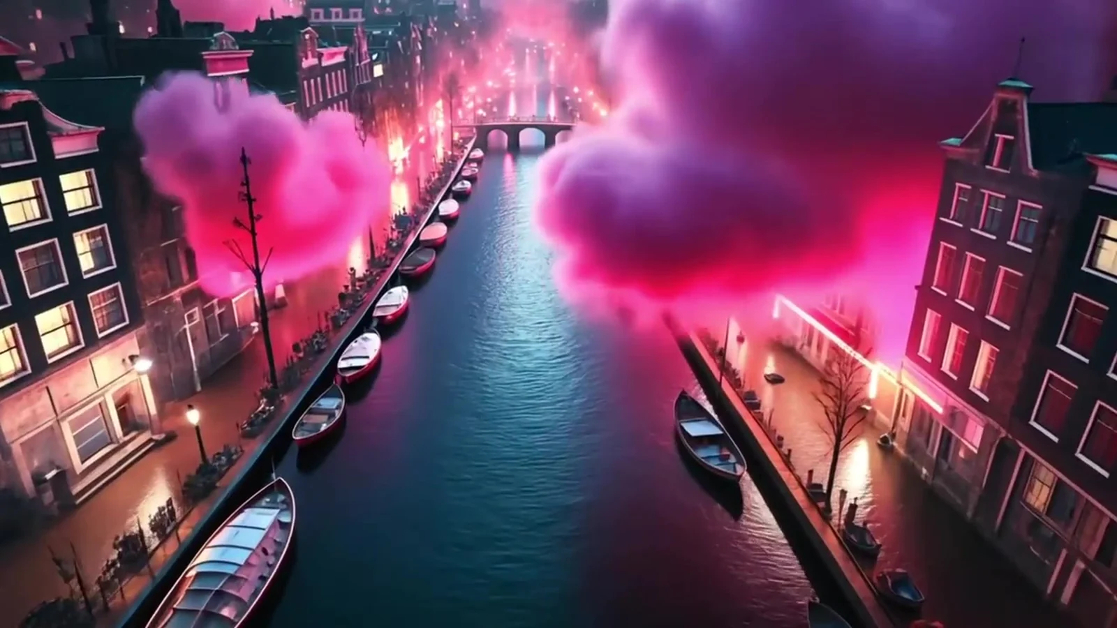 Fotograma del videoclip de «Amsterdam»: un canal sin personas entre casas estrechas, con barcas amarradas y nubes rosas posadas sobre el agua