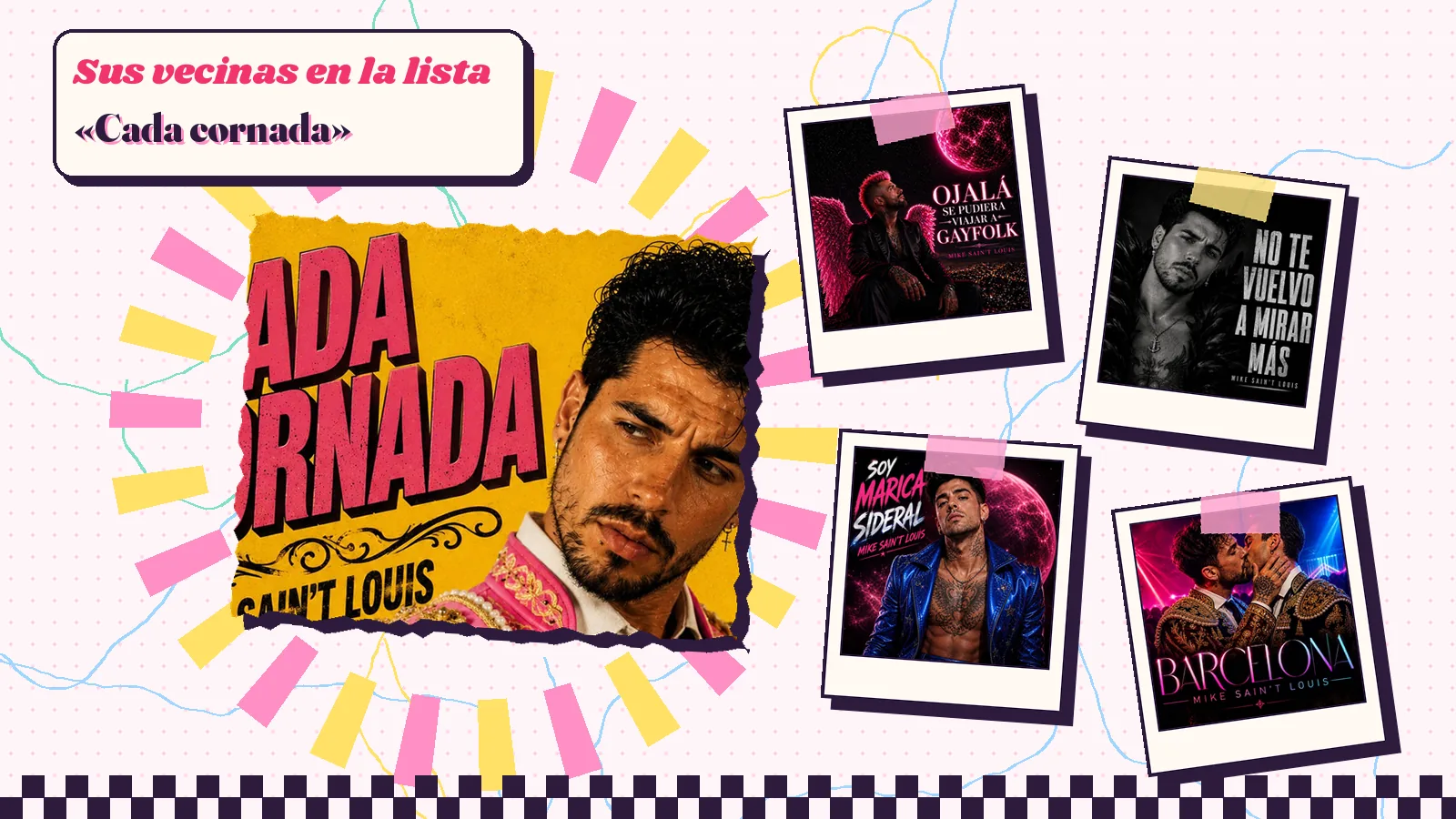 Collage con un detalle de la carátula de «Cada cornada» y las carátulas de «Ojalá se pudiera viajar a Gayfolk», «No te vuelvo a mirar más», «Soy marica sideral», «Barcelona»