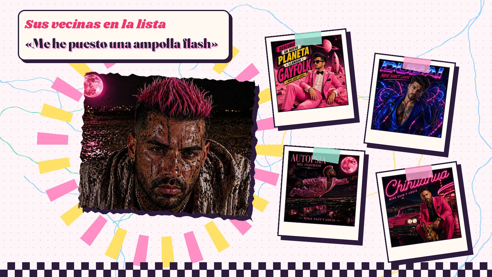 Collage con un detalle de la carátula de «Flash» y las carátulas de «Descubierto un nuevo planeta llamado Gayfolk», «Dubai», «Autopsia del insomnio», «Chihuahua»
