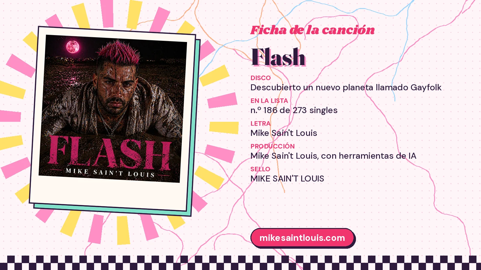 Ficha de la canción «Flash» con su carátula: disco «Descubierto un nuevo planeta llamado Gayfolk», letra y producción de Mike Sain't Louis