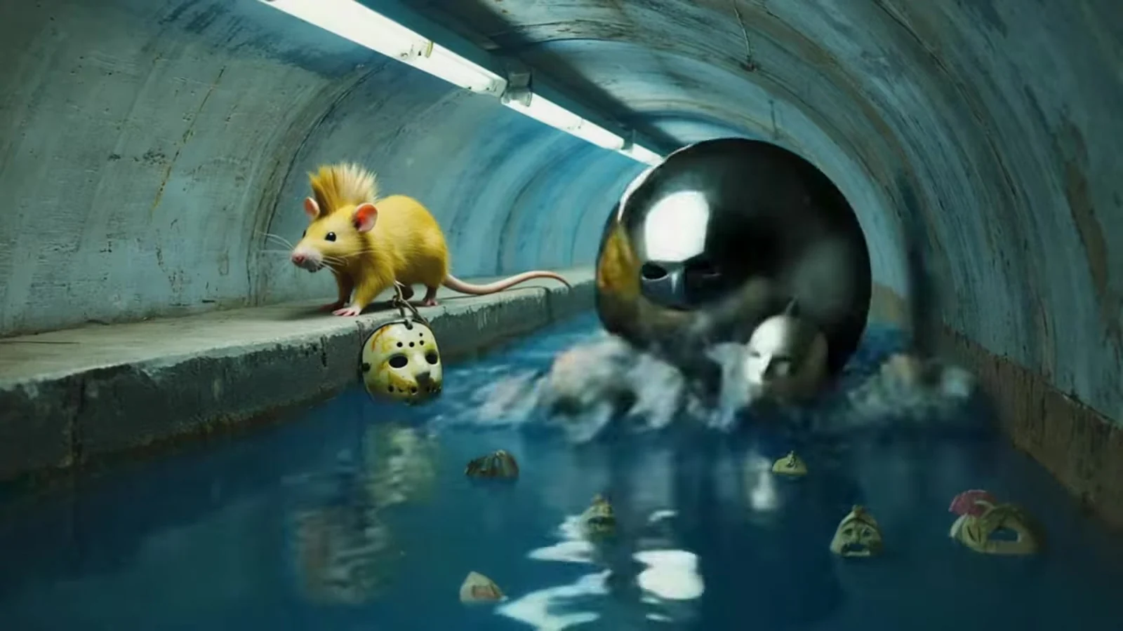 Fotograma del videoclip de «La alcantarilla»: una rata amarilla corre por el borde de un canal subterráneo de cemento junto a una esfera negra brillante, con fluorescentes en el techo