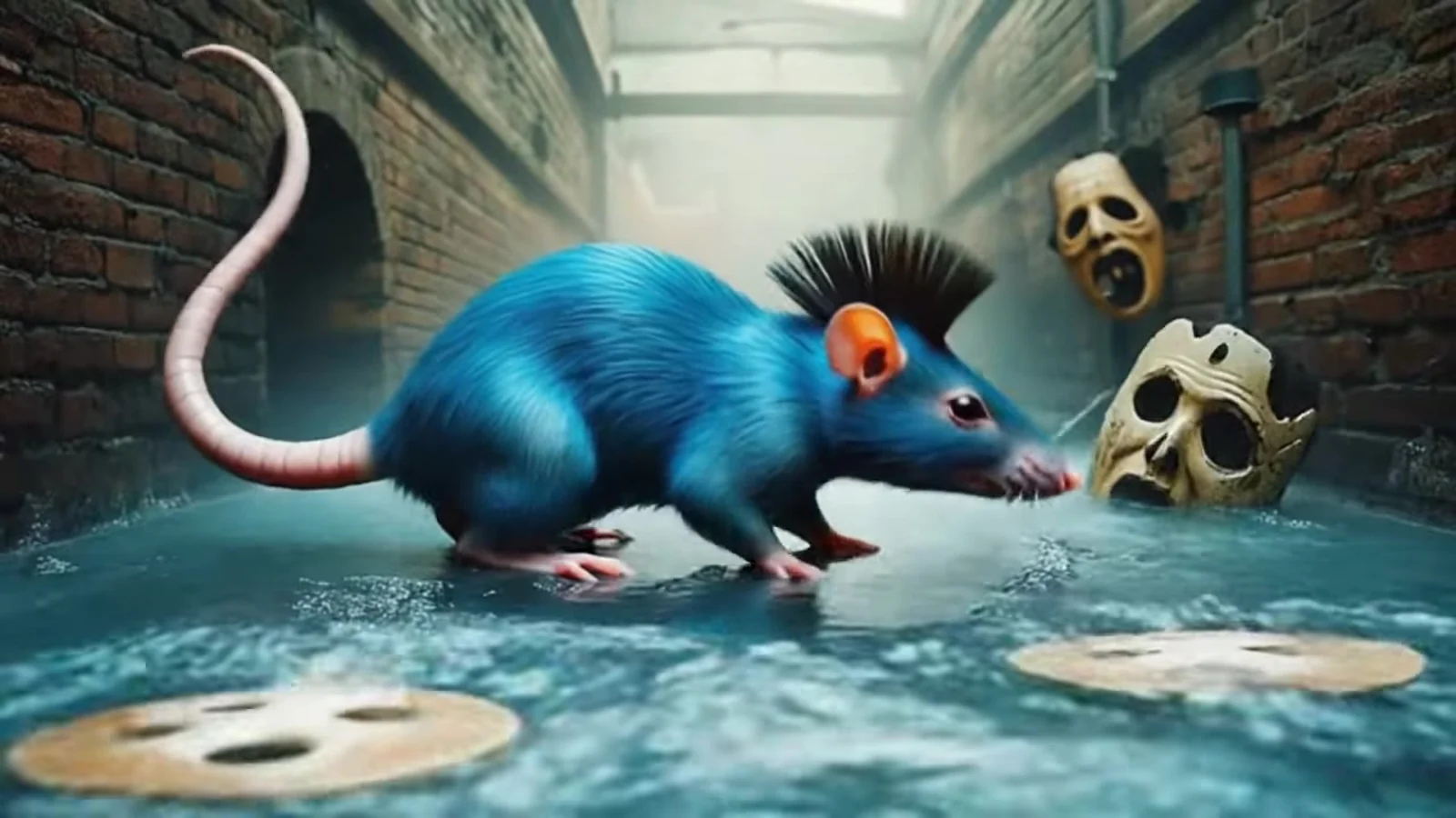 Fotograma del videoclip de «La alcantarilla»: una rata azul eléctrico con cresta punk negra camina por un callejón de ladrillo inundado entre máscaras de teatro que flotan