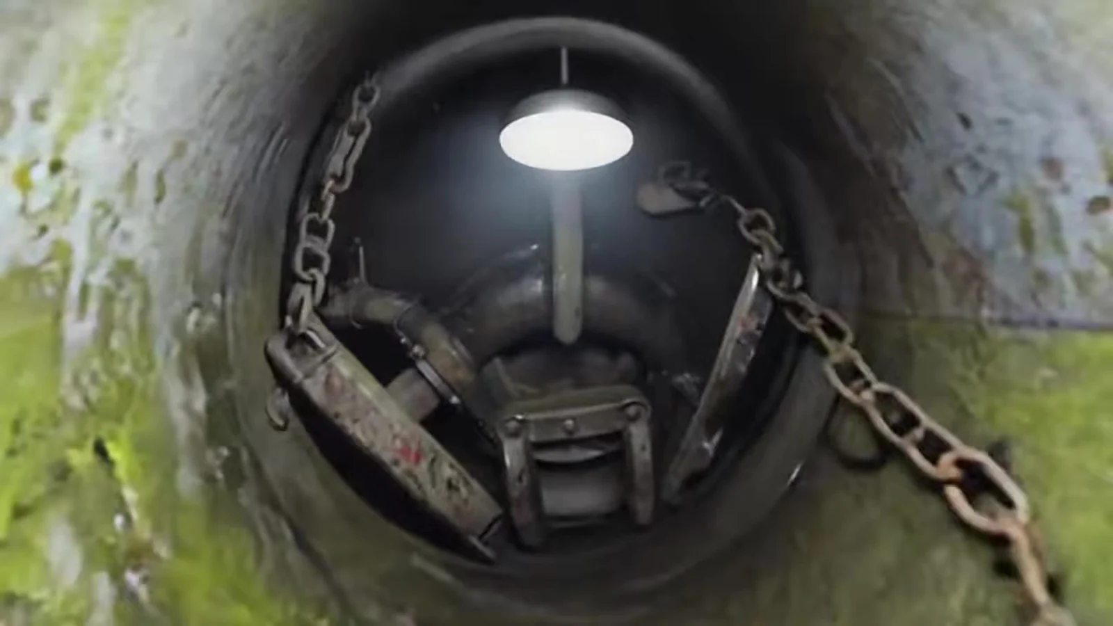 Fotograma del videoclip de «La alcantarilla»: el interior de una tubería redonda cubierta de musgo, con una cadena oxidada colgando y una lámpara blanca al fondo