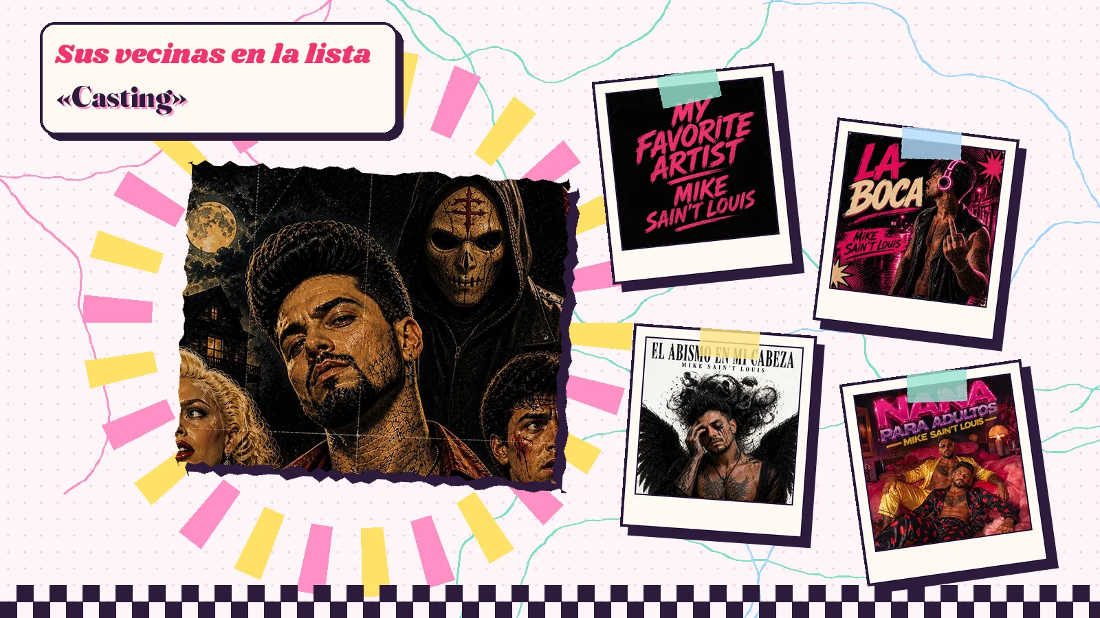 Collage con un detalle de la carátula de «Casting» y las carátulas de «My Favorite Artist», «La Boca», «El Abismo en Mi Cabeza», «Nana para Adultos»