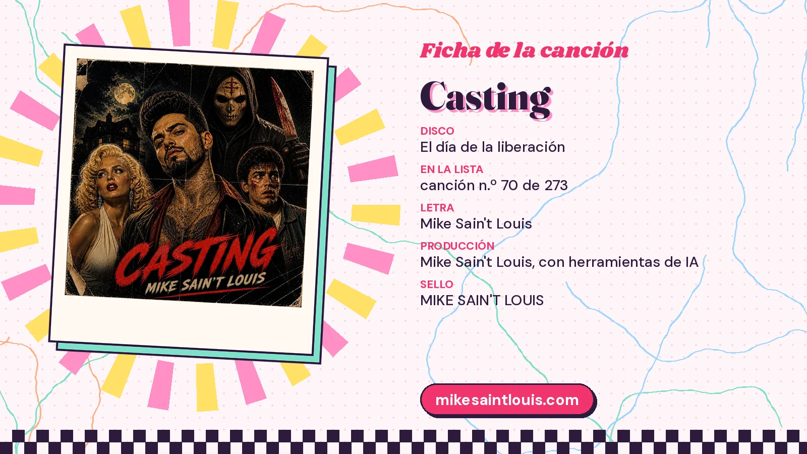 Ficha de la canción «Casting» con su carátula: disco «El día de la liberación», letra y producción de Mike Sain't Louis