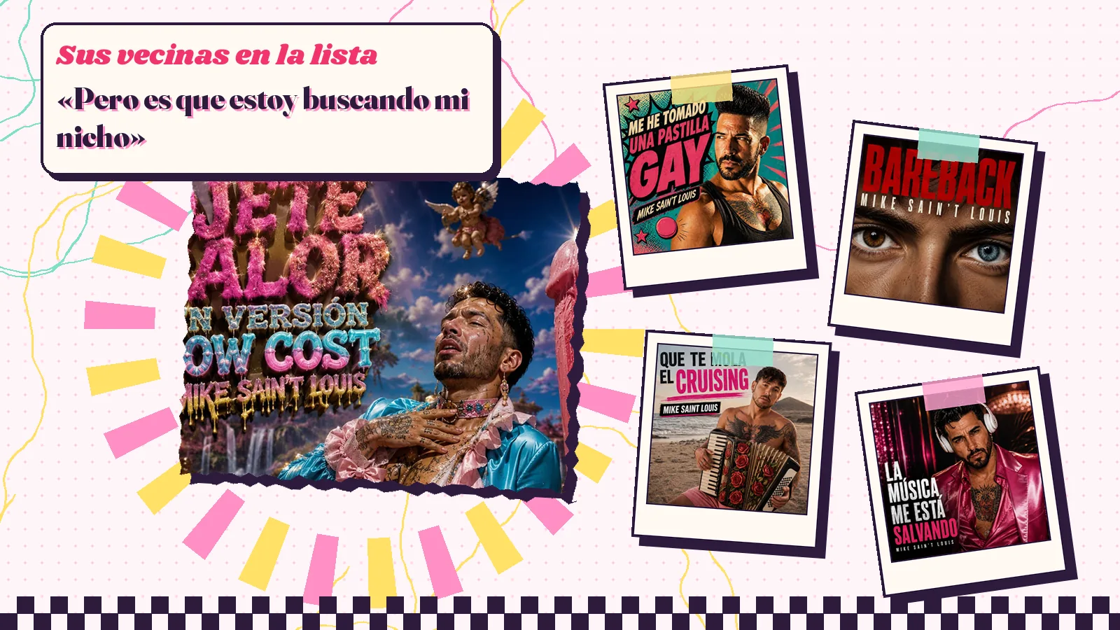 Collage con un detalle de la carátula de «Ojete Calor en versión low cost» y las carátulas de «Me he tomado una pastilla gay», «Bareback», «Que Te Mola el Cruising», «La música me está salvando»