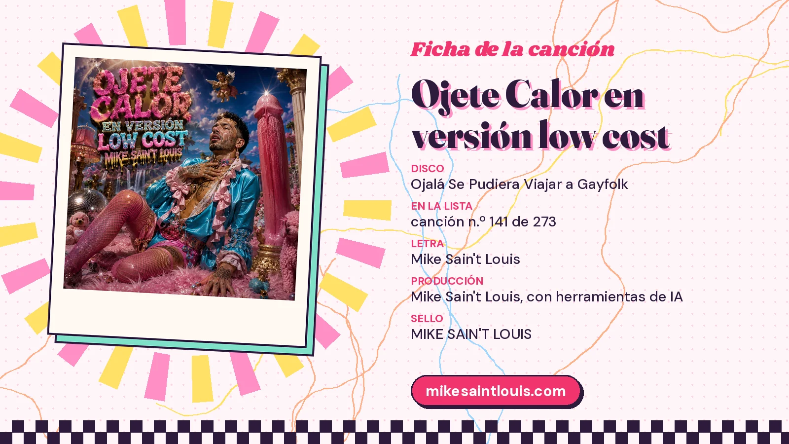 Ficha de la canción «Ojete Calor en versión low cost» con su carátula: disco «Ojalá Se Pudiera Viajar a Gayfolk», letra y producción de Mike Sain't Louis