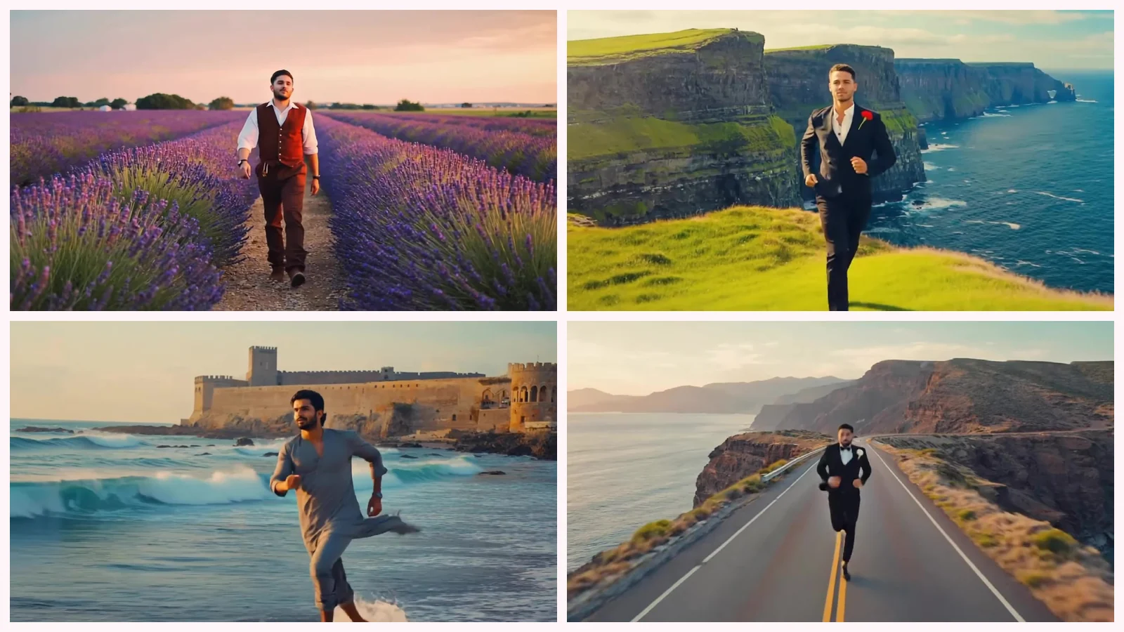 Mosaico de cuatro fotogramas del videoclip de «Dreams Drift Afar»: un hombre con chaleco granate en un campo de lavanda, otro con traje oscuro sobre un acantilado verde, uno con túnica corriendo junto a una fortaleza en la orilla y uno con esmoquin por una carretera de costa