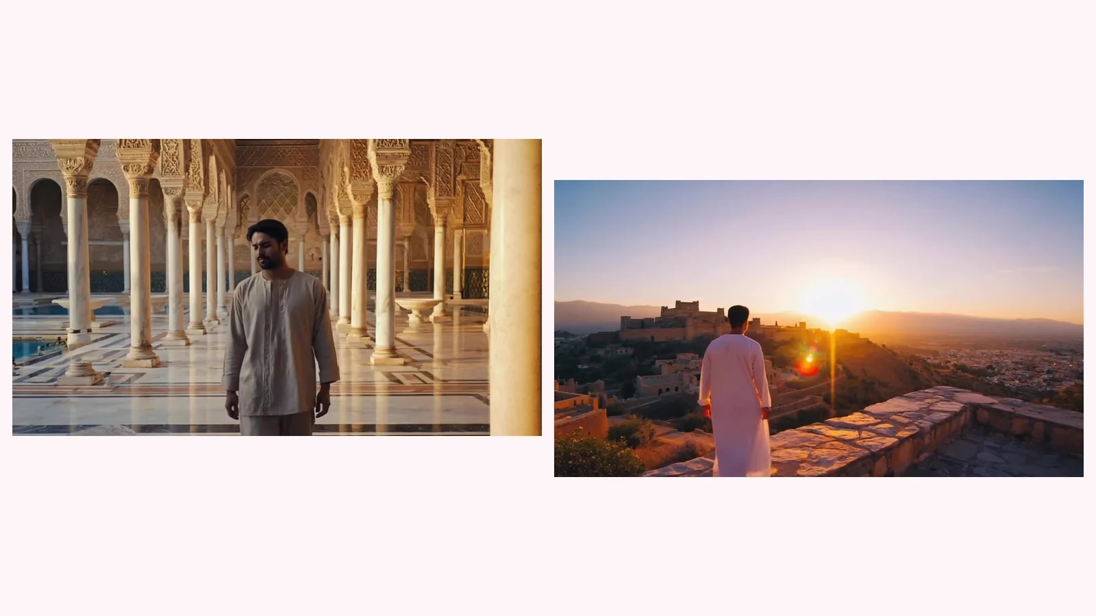 Dos fotogramas del videoclip de «Dreams Drift Afar»: un hombre con túnica de lino entre columnas y arcos tallados, y otro de espaldas con túnica blanca mirando el atardecer desde una terraza de piedra