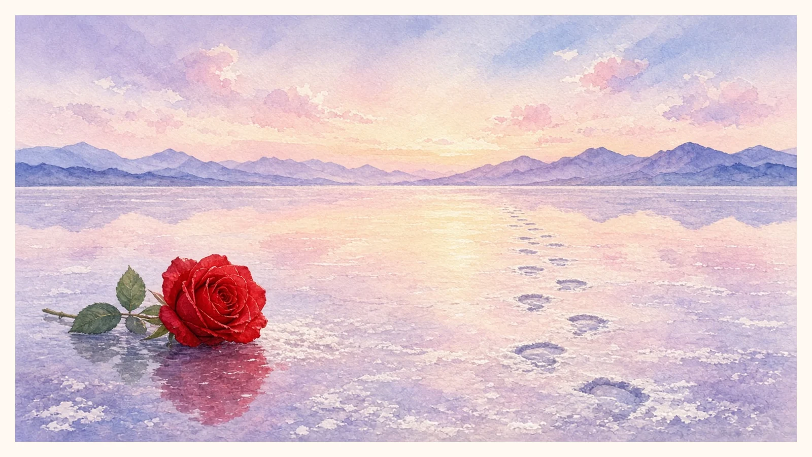 Ilustración en acuarela sin personas: una rosa roja tumbada sobre una salina que refleja un atardecer rosa y lila, con un rastro de huellas hacia las montañas
