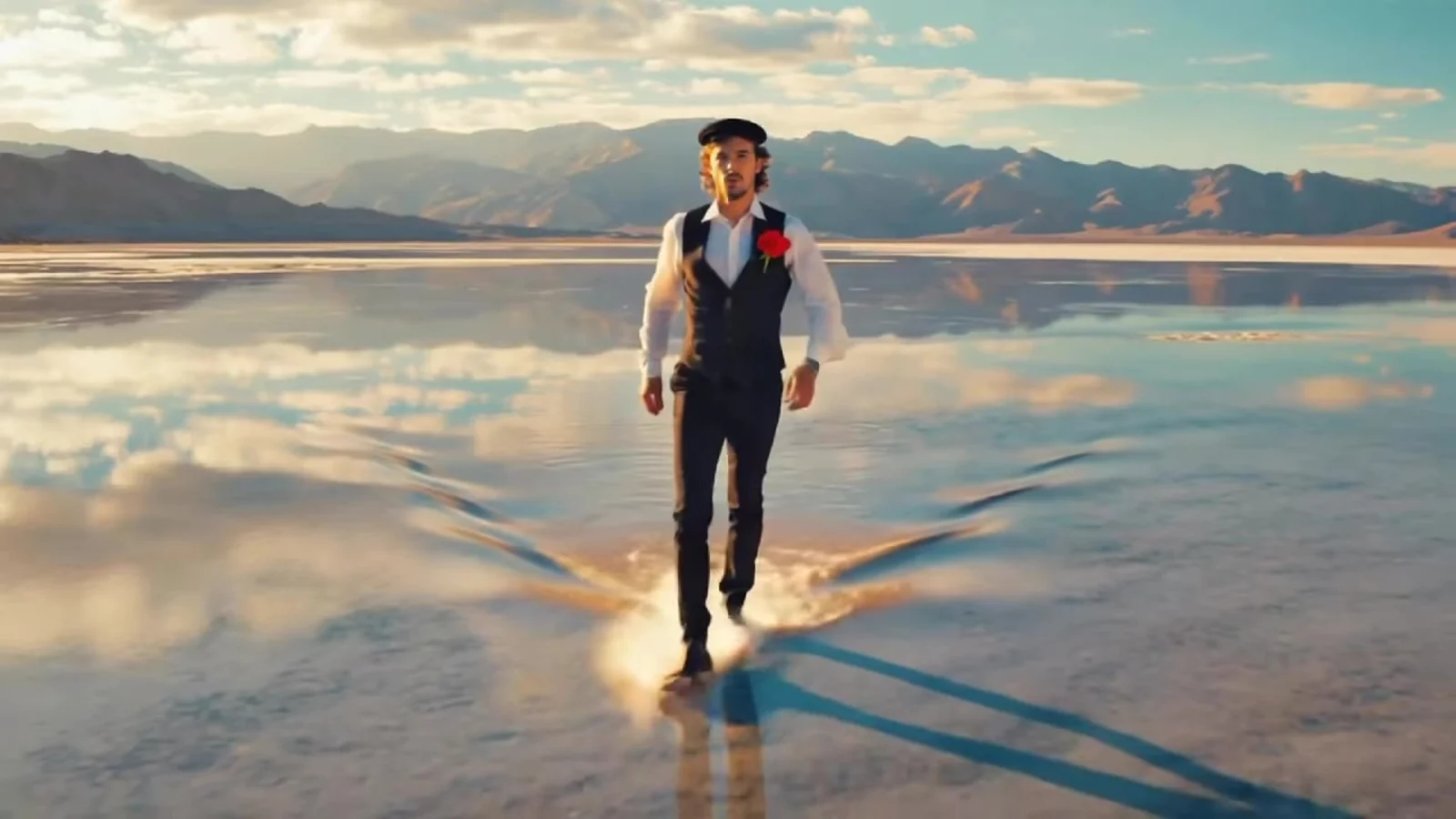 Fotograma del videoclip de «Dreams Drift Afar»: un hombre con chaleco negro y gorra camina sobre una salina que refleja el cielo, dejando huellas y una sombra larga