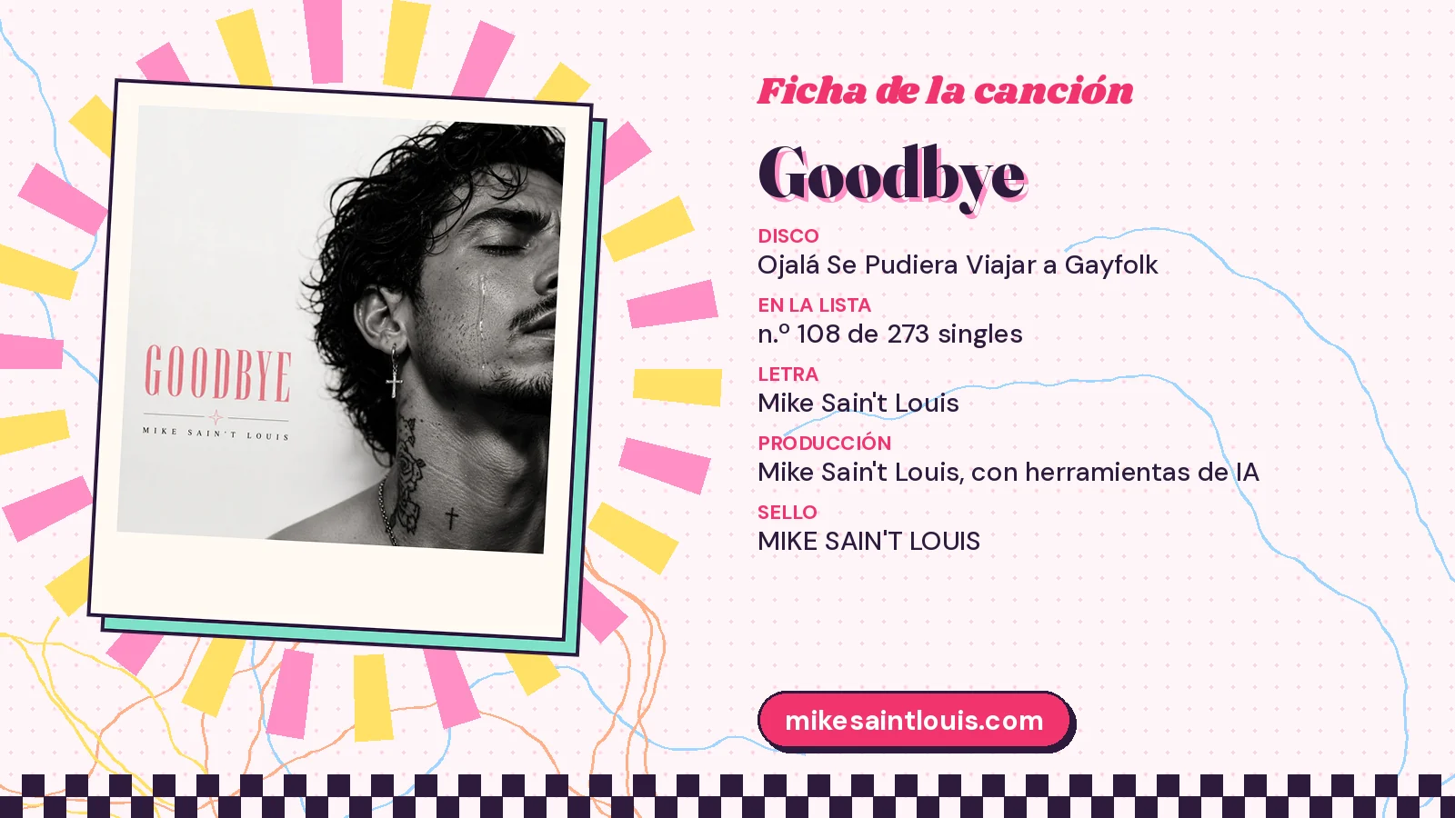Ficha de la canción «Goodbye» con su carátula: disco «Ojalá Se Pudiera Viajar a Gayfolk», letra y producción de Mike Sain't Louis