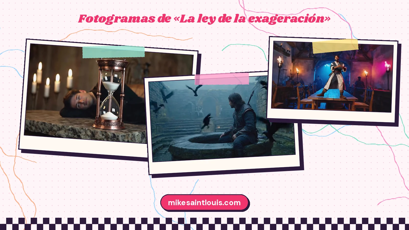 Tres fotogramas del videoclip de «La ley de la exageración»: un reloj de arena junto a un hombre tumbado sobre una losa con velas, cuervos alrededor de un pozo de piedra y un salón con trono, encapuchados y luces rojas
