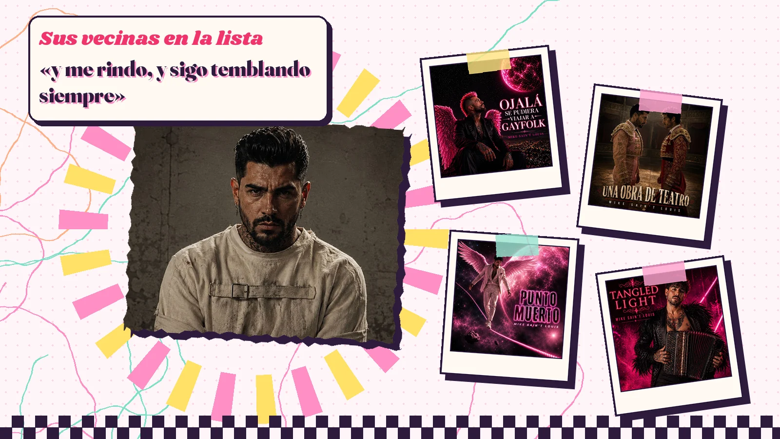 Collage con la portada de «Me rindo» y el verso «y me rindo, y sigo temblando siempre», rodeado de las portadas de las canciones vecinas en la lista