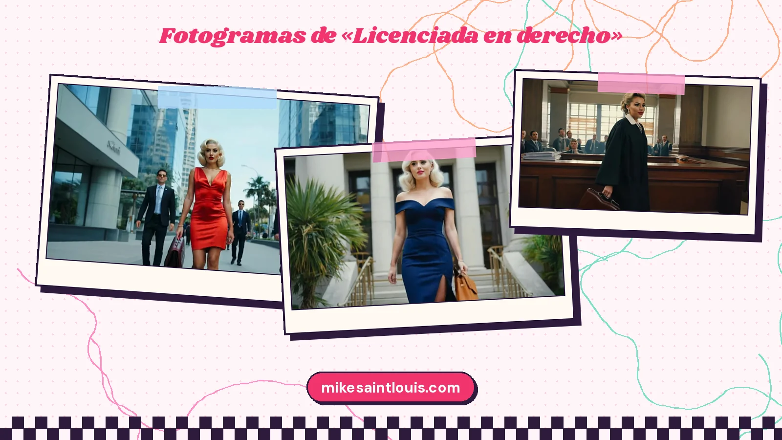Tres fotogramas del clip de «Licenciada en derecho»: la abogada de vestido rojo entre torres de cristal con dos hombres trajeados, la misma con vestido azul en una escalinata con palmeras y, con toga, ante el estrado de un tribunal