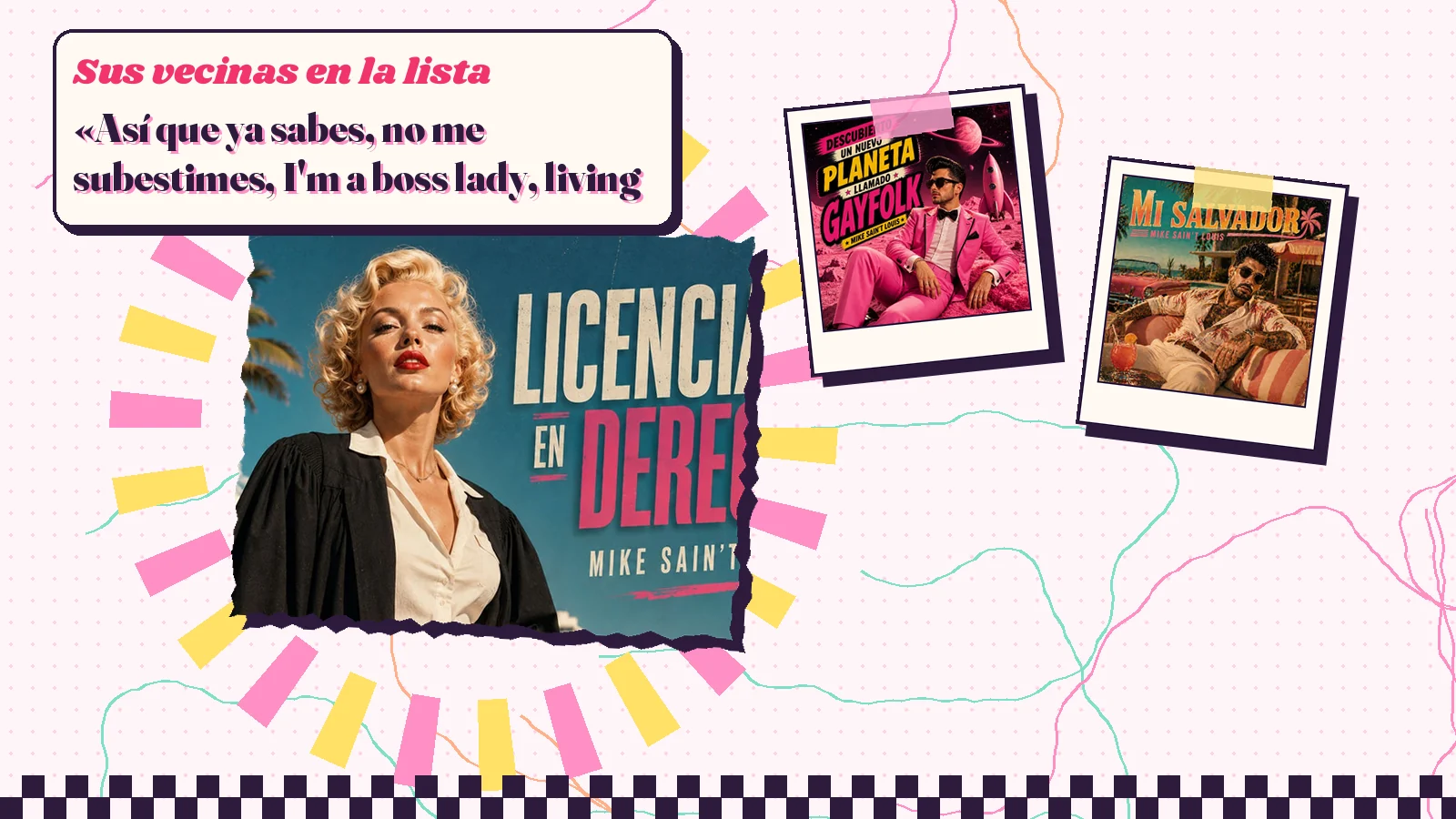 Detalle de la portada de «Licenciada en derecho» con el verso de la boss lady, junto a las portadas de «Descubierto un nuevo planeta llamado Gayfolk» y «Mi salvador»