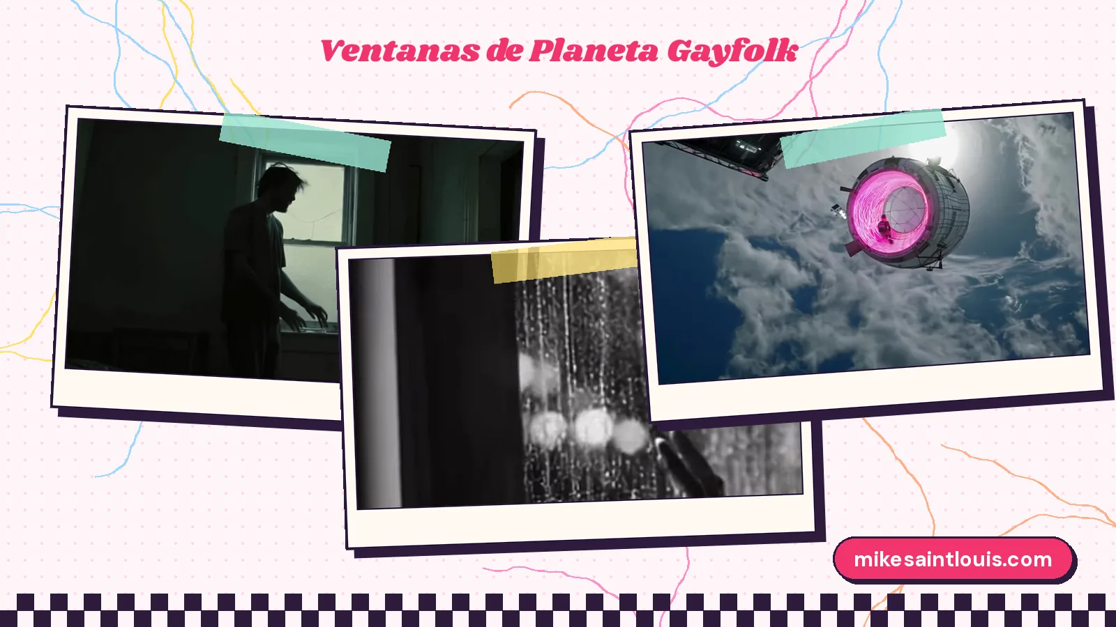 Tres fotogramas de videoclips de Mike Sain't Louis con ventanas: una silueta junto a una ventana de guillotina en «No me aparece una ilusión», un cristal lleno de gotas en «Entre cuatro paredes» y una cápsula con un ojo de buey rosa sobre las nubes en «Un invitado VIP cortando cebolla»