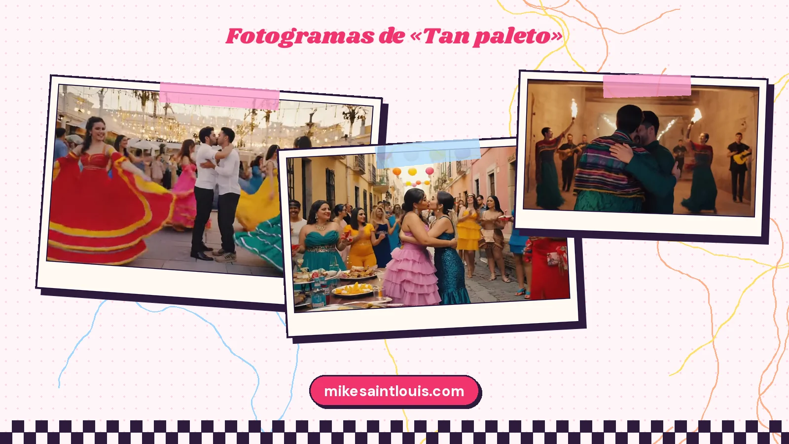 Cuatro fotogramas del clip de «Tan paleto»: dos chicos bailando abrazados entre faldas de volantes, dos chicas besándose junto a una mesa llena de comida, una bailaora girando en una calle de piedra y una boda bajo los árboles