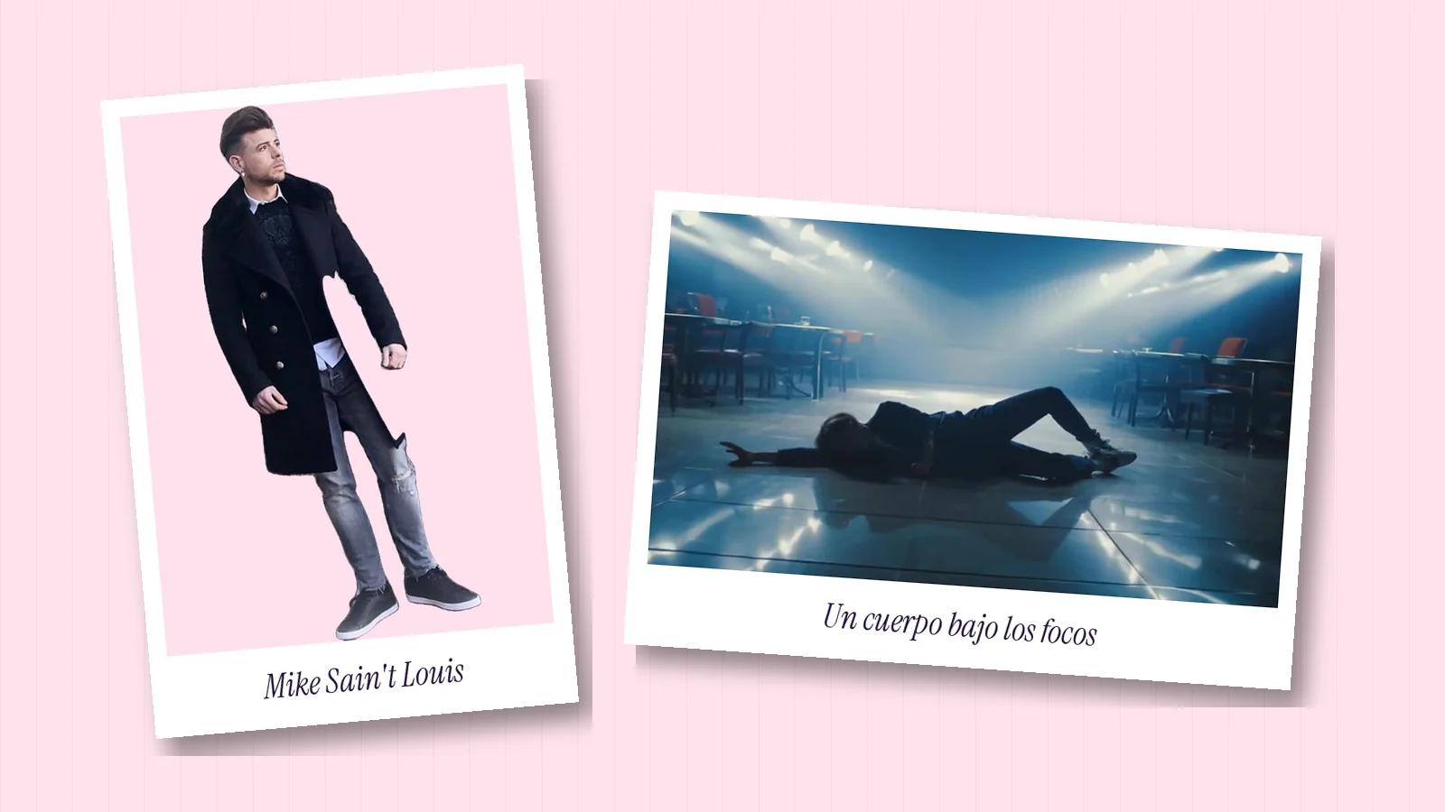 Dos polaroids: una foto de Mike Sain't Louis con abrigo y un cuerpo tumbado en el suelo bajo los focos del videoclip de «Gaslighting»