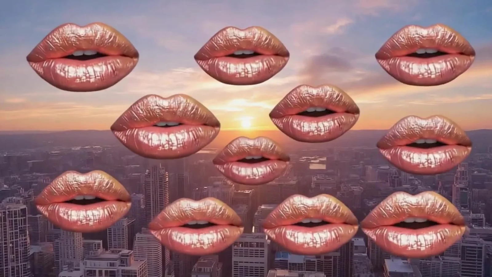 Fotograma del videoclip de «La Boca»: decenas de labios rosados y brillantes flotan sobre los rascacielos de una ciudad mientras se pone el sol