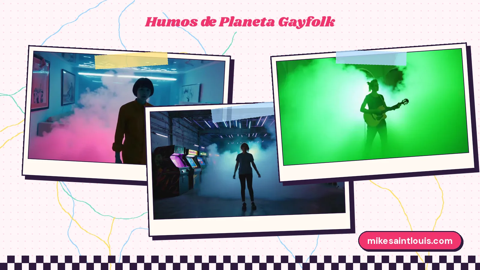 Tres fotogramas de videoclips de Mike Sain't Louis con humo: una silueta en un salón inundado de humo rosa en «Tangled Light», una figura de espaldas entre niebla azul en «Gaslighting» y un guitarrista a contraluz en humo verde en «Verde»