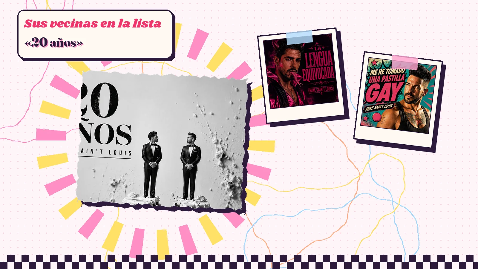 Collage con un detalle de la carátula de «20 años» y las carátulas de «La Lengua Equivocada», «Me He Tomado una Pastilla Gay»