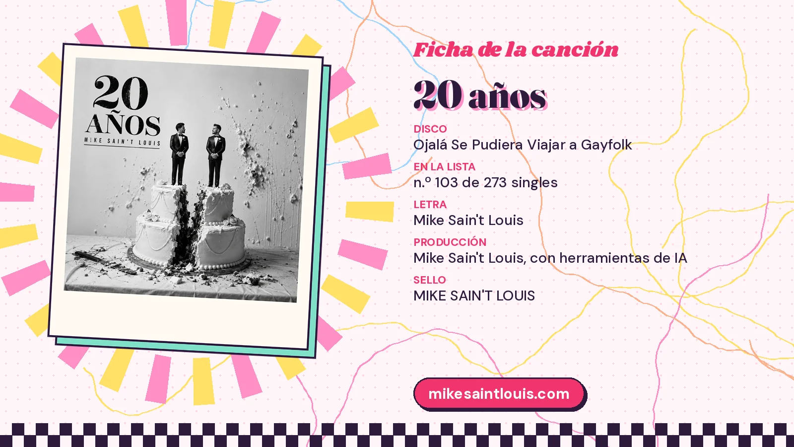 Ficha de la canción «20 años» con su carátula: disco «Ojalá Se Pudiera Viajar a Gayfolk», letra y producción de Mike Sain't Louis