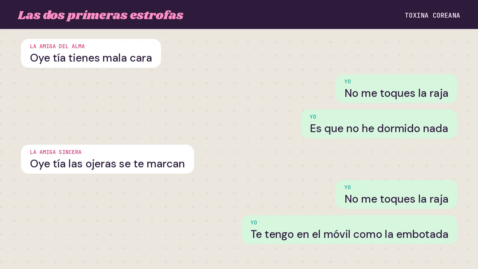 Las dos primeras estrofas de «Toxina coreana» dibujadas como una conversación de mensajería: la amiga del alma y la amiga sincera escriben a la izquierda y las respuestas de quien habla aparecen a la derecha en burbujas verdes