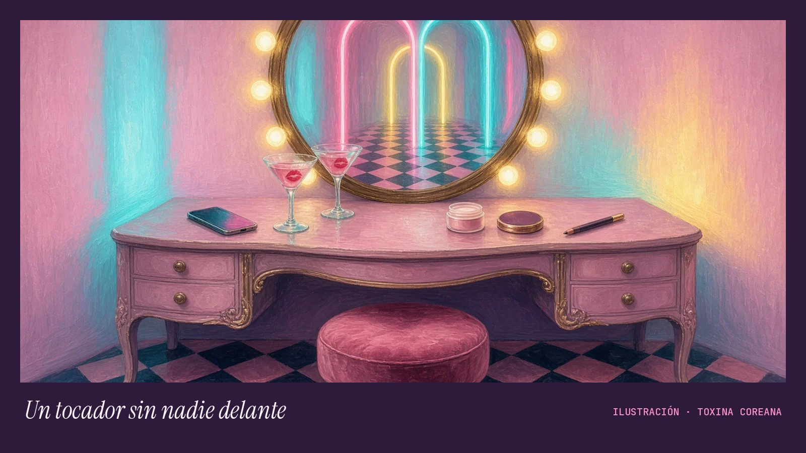 Ilustración sin personas de un tocador rosa antiguo con un espejo redondo rodeado de bombillas que refleja arcos de neón y un suelo de damero, con un móvil boca abajo, dos copas con marcas de pintalabios, un tarro de crema, una polvera y un lápiz de cejas