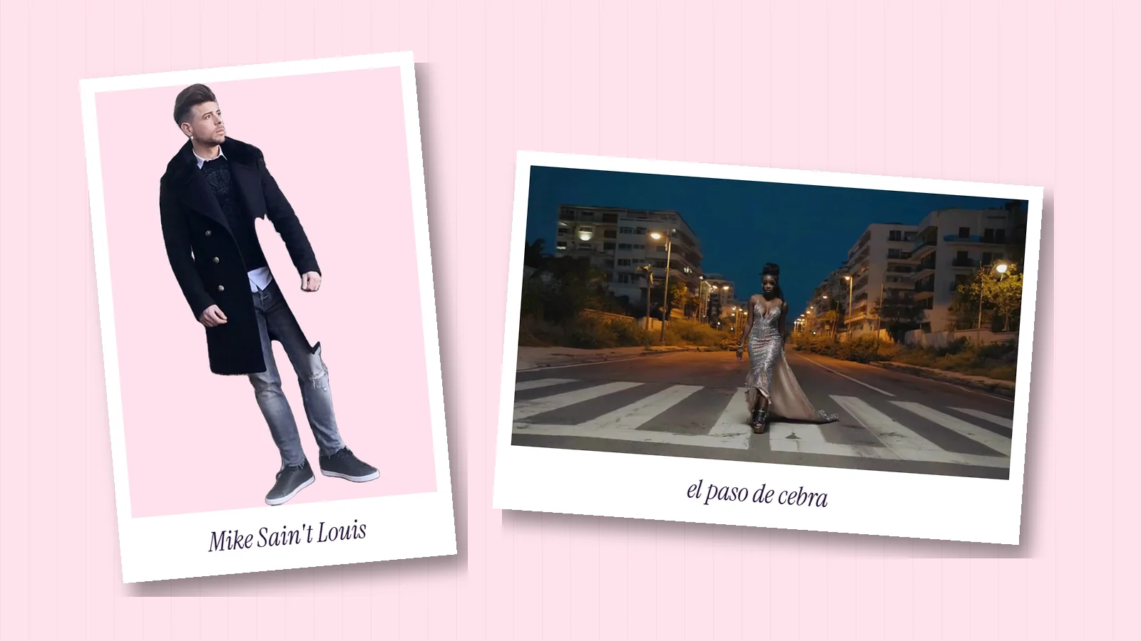 Dos polaroids sobre fondo rosa: una foto de Mike Sain't Louis de cuerpo entero con abrigo negro largo y vaqueros, y un fotograma del videoclip de «La primera drag de Benidorm» con una reina de vestido plateado cruzando un paso de cebra vacío entre hoteles iluminados