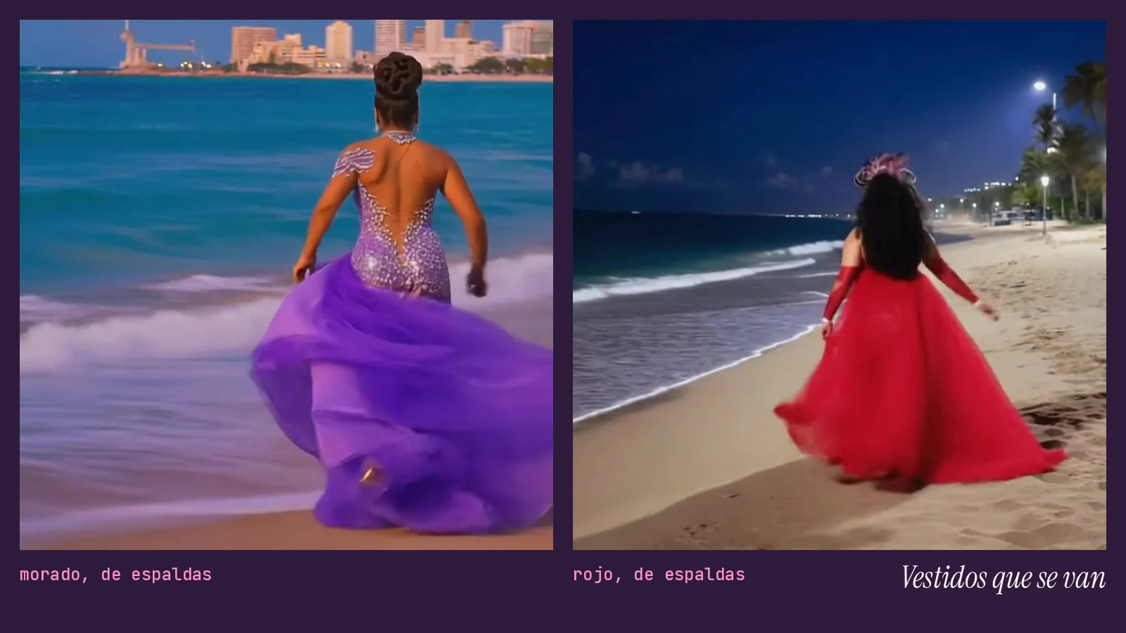Díptico de dos fotogramas del videoclip de «La primera drag de Benidorm»: una reina con vestido morado de espaldas entrando en el mar y otra con vestido rojo de cola larga caminando de espaldas por la arena de noche