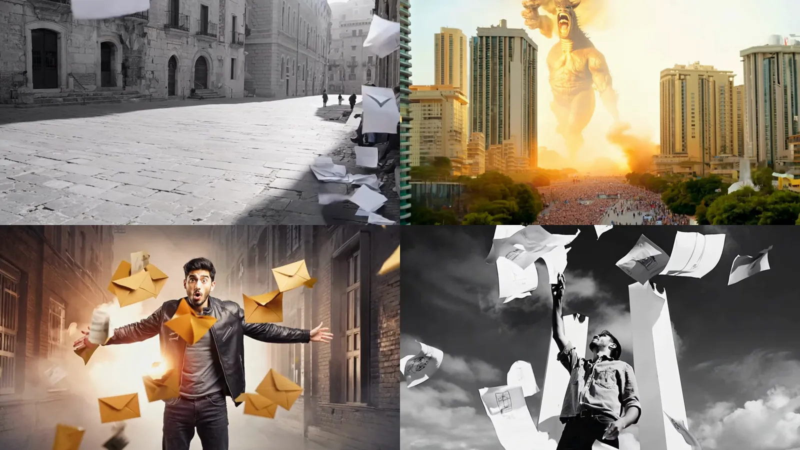 Cuatro fotogramas del videoclip de «La última carta»: una plaza empedrada en blanco y negro con papeles por el suelo, un gigante con cuernos rugiendo entre rascacielos y una multitud, un chico con chaqueta de cuero rodeado de sobres amarillos que estallan y un chico en blanco y negro que levanta el brazo hacia un cielo lleno de folios