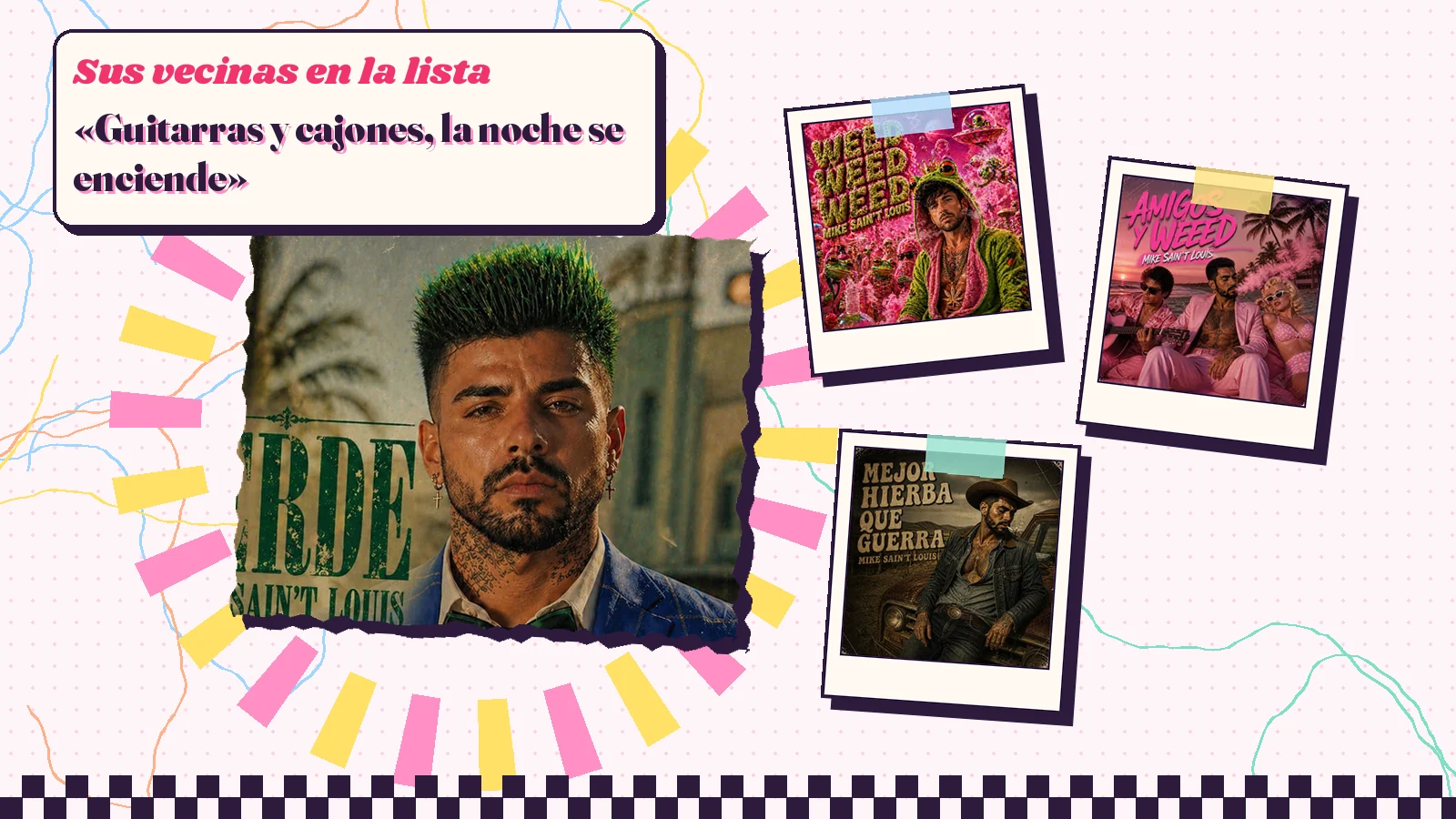 Collage con un detalle de la carátula de «Verde» y las carátulas de «Weed, weed, weed», «Amigos y weed», «Mejor hierba que guerra»