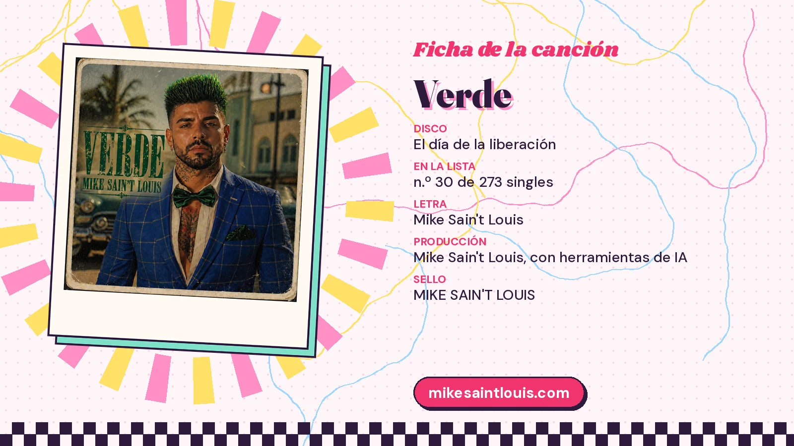Ficha de la canción «Verde» con su carátula: disco «El día de la liberación», letra y producción de Mike Sain't Louis