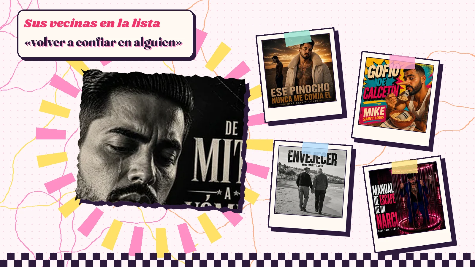 Collage con un detalle de la carátula de «De mito a vómito» y las carátulas de «Ese Pinocho nunca me comía el chocho», «Gofio de calcetín», «Envejecer», «Manual de escape de un narci»