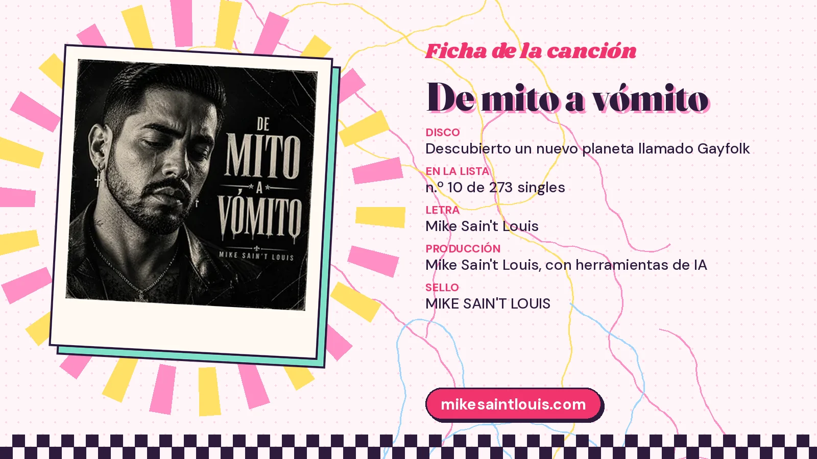 Ficha de la canción «De mito a vómito» con su carátula: disco «Descubierto un nuevo planeta llamado Gayfolk», letra y producción de Mike Sain't Louis