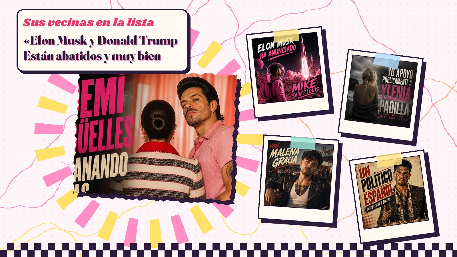 Collage with a detail of the «Noemí Argüelles va ganando en las encuestas» cover art and the covers of «Elon Musk ha anunciado», «Yo apoyo públicamente a Ylenia Padilla», «Vota Malena Gracia» and «Un político español»