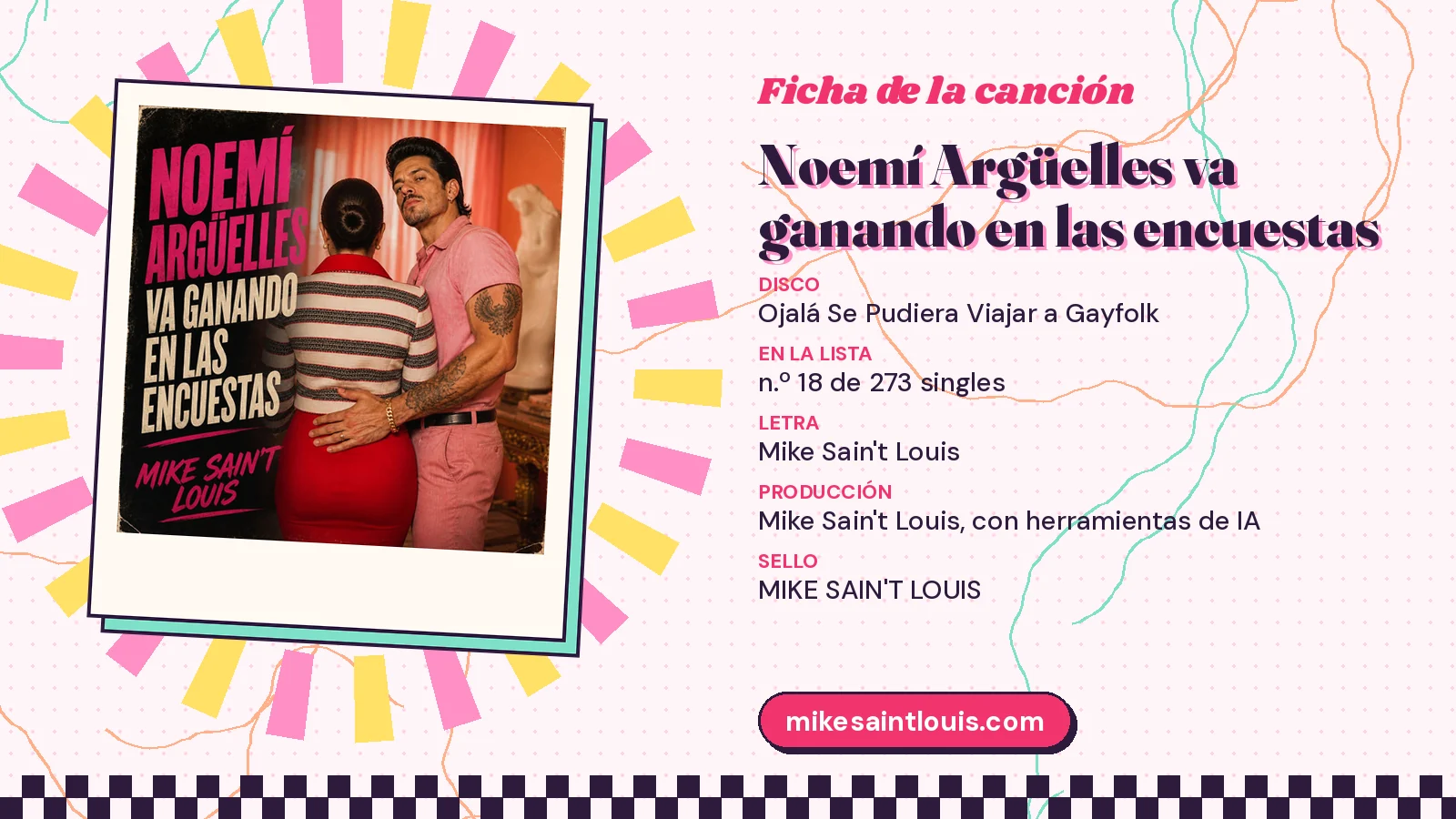 Song card for «Noemí Argüelles va ganando en las encuestas» with its cover art: from the album «Ojalá Se Pudiera Viajar a Gayfolk», lyrics and production by Mike Sain't Louis