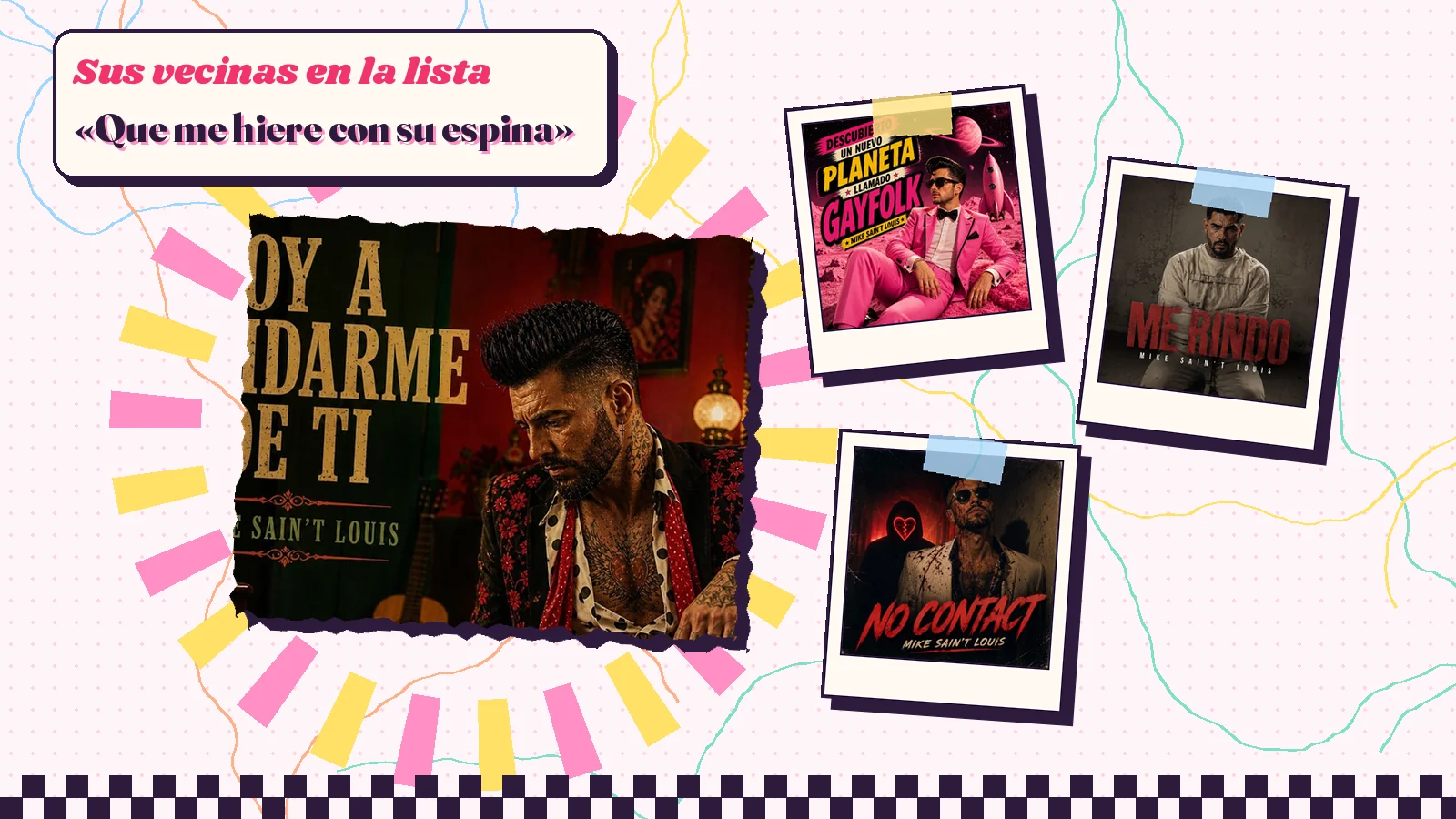 Collage con un detalle de la carátula de «Voy a olvidarme de ti» y las carátulas de «Descubierto un nuevo planeta llamado Gayfolk», «Me rindo», «No Contact»