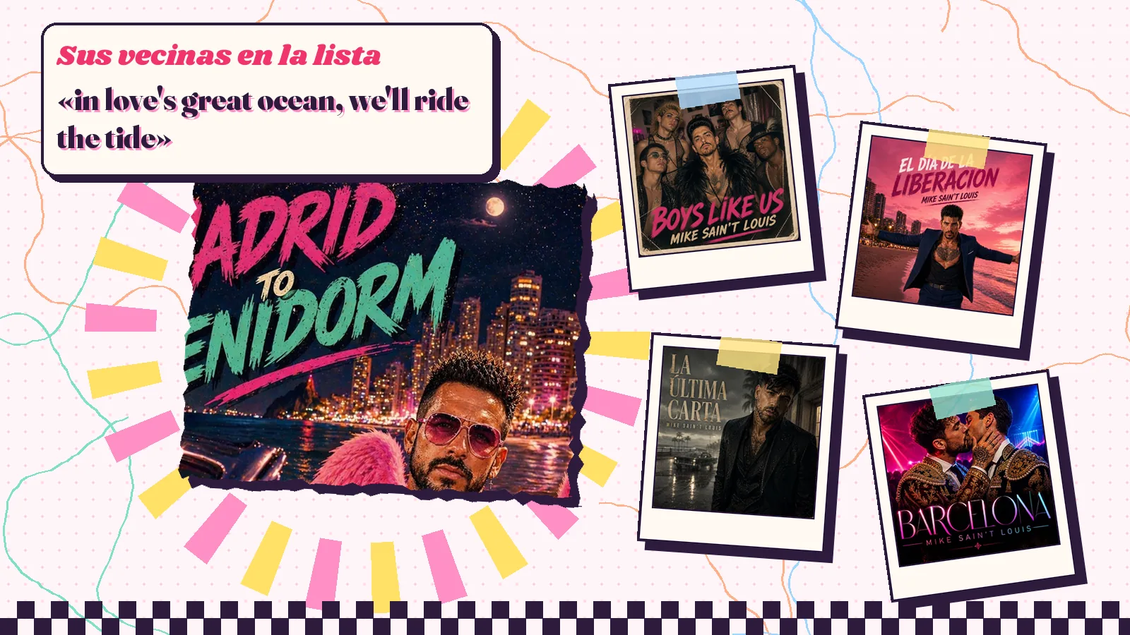 Collage con un detalle de la carátula de «Madrid to Benidorm» y las carátulas de «Boys Like Us», «El día de la liberación», «La última carta», «Barcelona»
