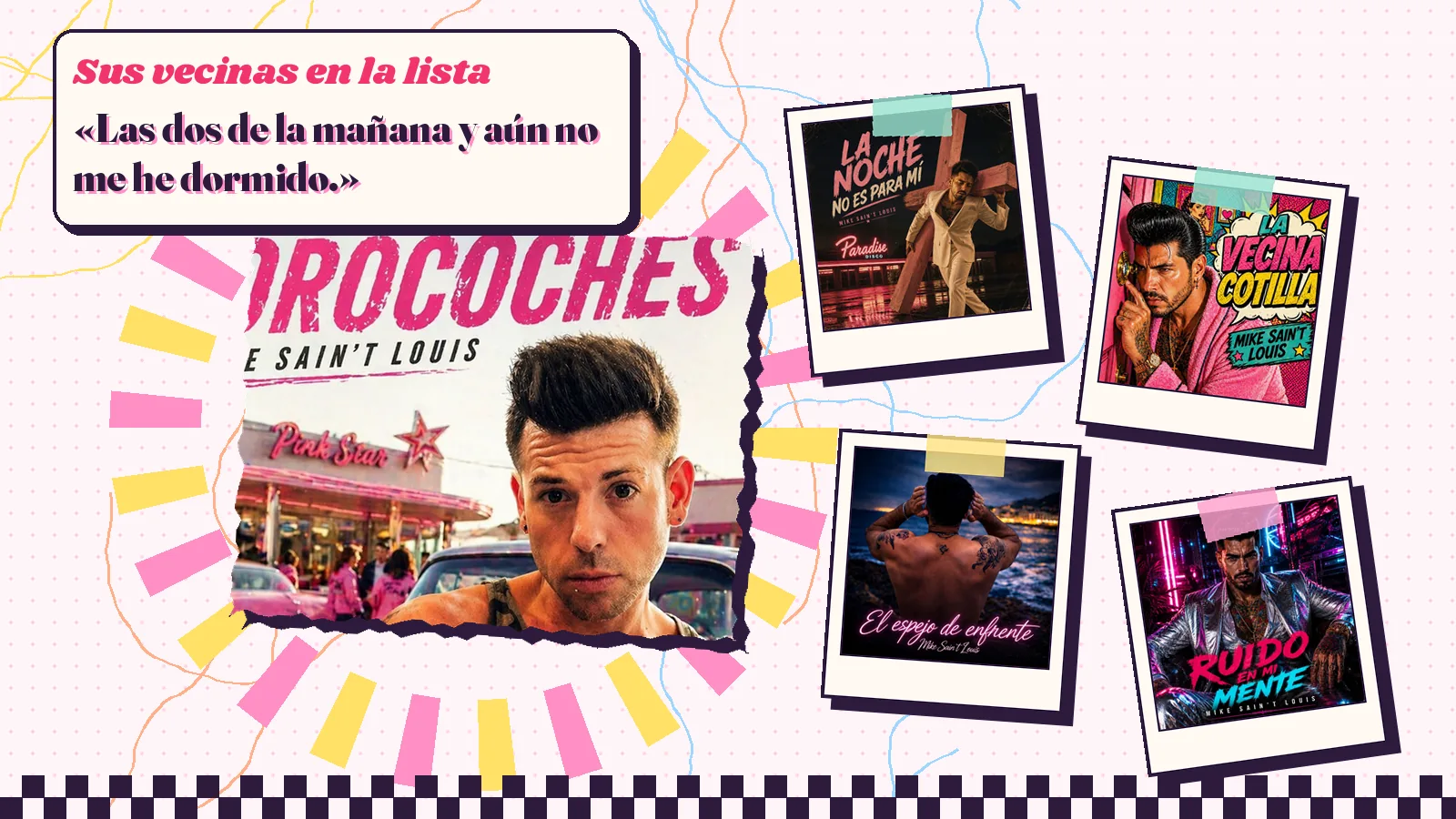 Collage with a detail of the «Forocoches» cover art and the covers of «La noche no es para mí», «La vecina cotilla», «El espejo de enfrente» and «Ruido en mi mente»