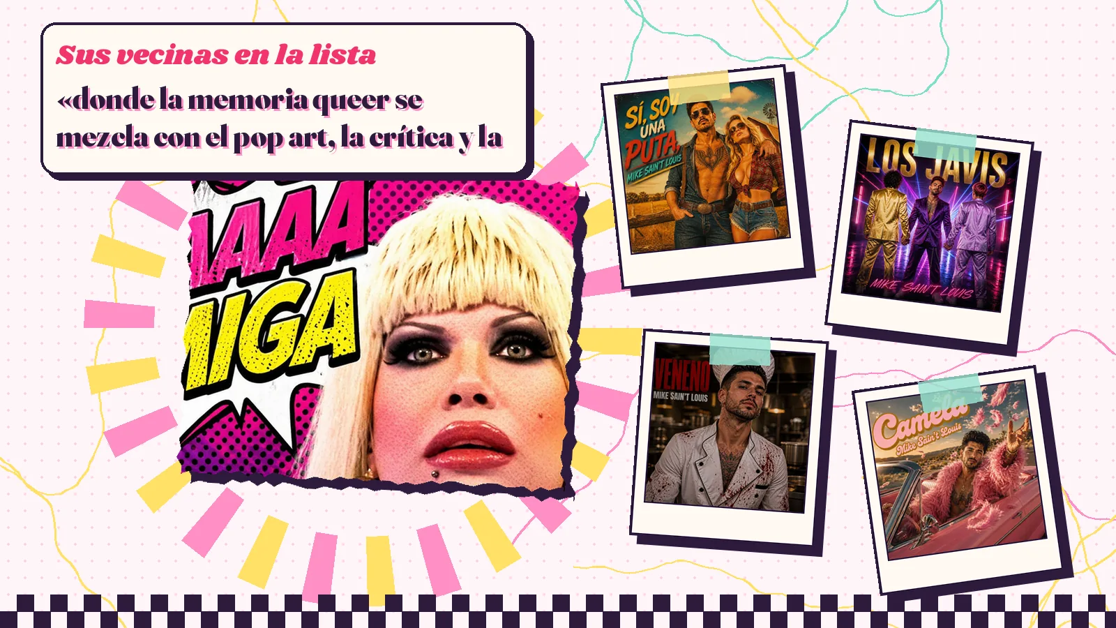 Collage con un detalle de la carátula de «Kaaa miga» y las carátulas de «Sí, soy una puta», «Los Javis», «Veneno», «Camela»