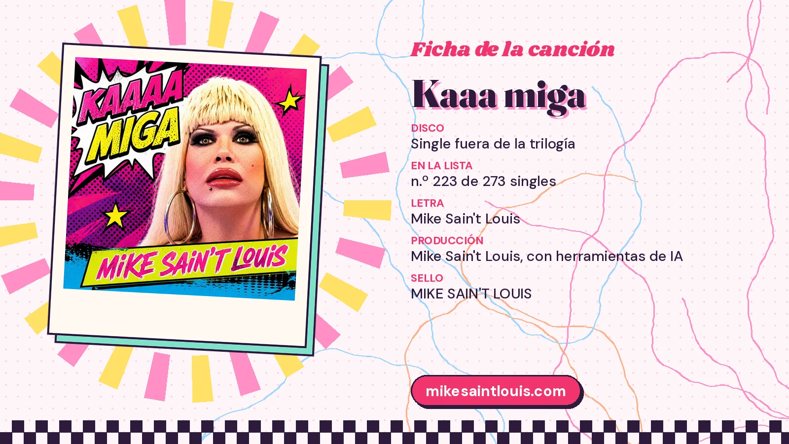 Ficha de la canción «Kaaa miga» con su carátula: disco «Single fuera de la trilogía», letra y producción de Mike Sain't Louis