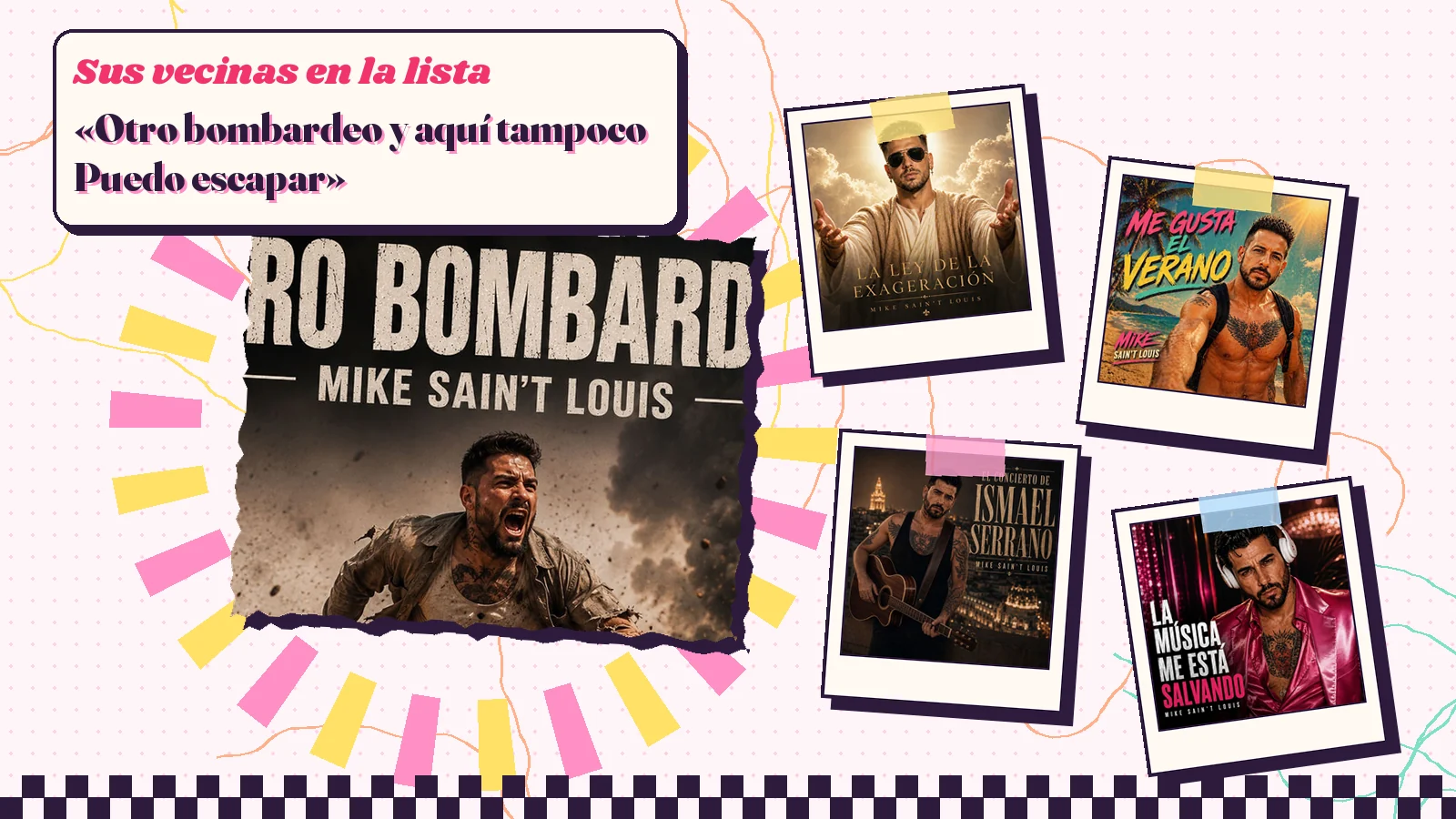 Collage with a detail of the «Otro bombardeo» cover art and the covers of «La ley de la exageracion», «Me gusta el verano», «El concierto de Ismael Serrano» and «La música me está salvando»